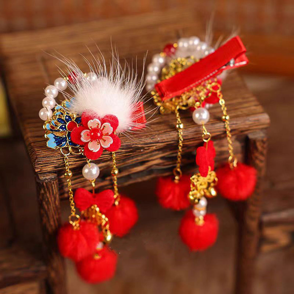 Jill Girl's Red Headwear New Chinese Style Children's Hair Clip one-year-old Hair Accessories W019
