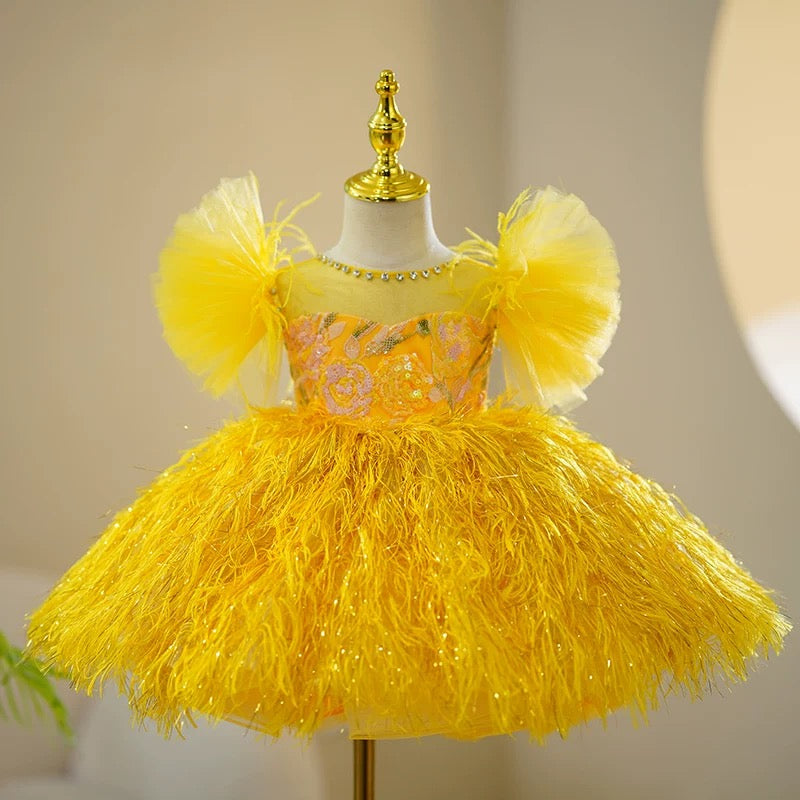 Jill Gold Girl Dress Feathery Skirt Rhinestone Ball Gown J424