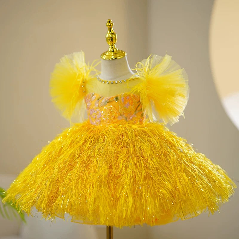 Jill Gold Girl Dress Feathery Skirt Rhinestone Ball Gown J424