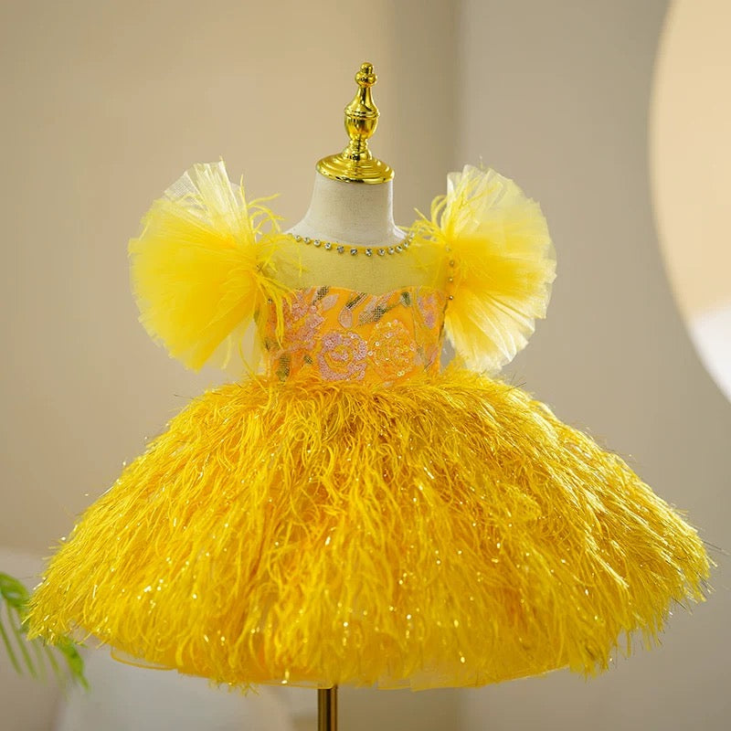 Jill Gold Girl Dress Feathery Skirt Rhinestone Ball Gown J424