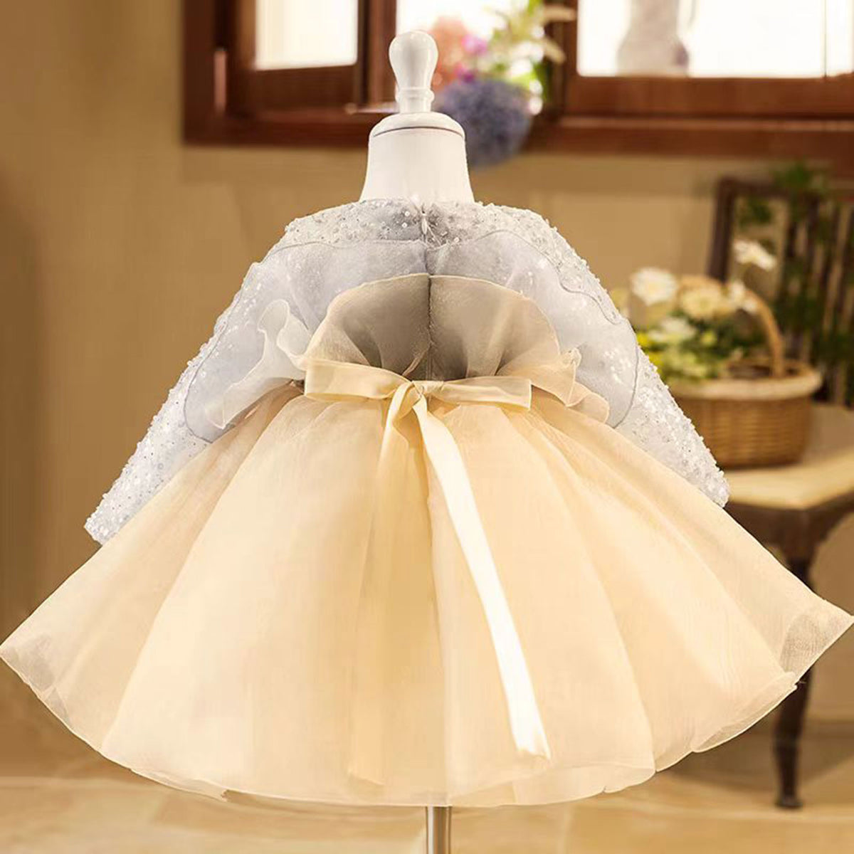 Jill Gray Flower Girl Dress Beading for Princess Kids 1st Birthday Party J479