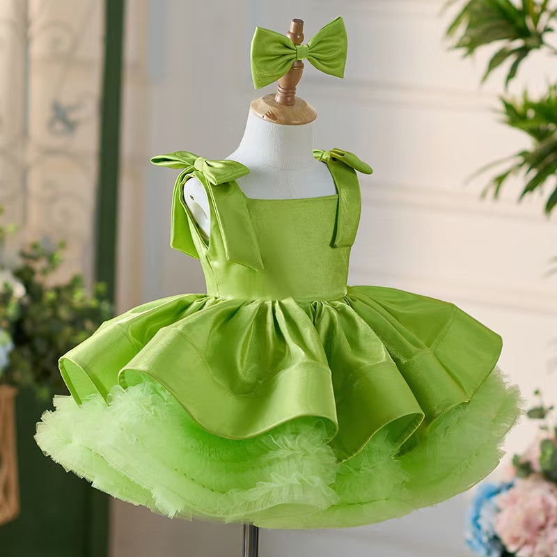 Jill Green Satin Square Collar Baby Knee Length Girl Dress J221