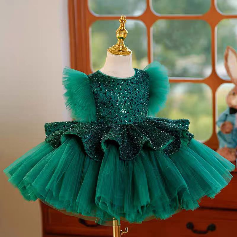 Jill Green Sequins Toddler Knee Length 1st Birthday Party Girl Dress J353