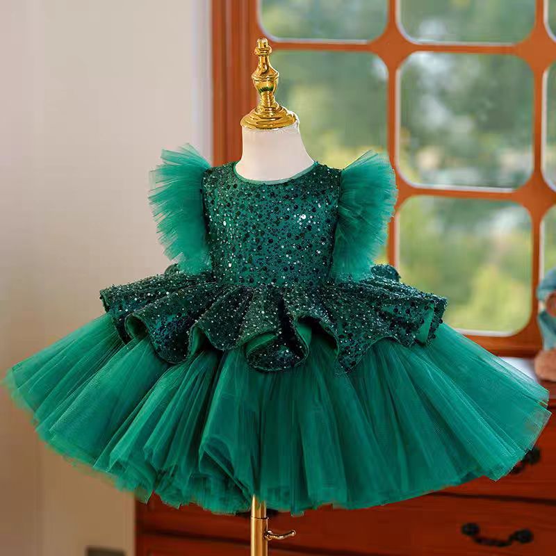 Jill Green Sequins Toddler Knee Length 1st Birthday Party Girl Dress J353