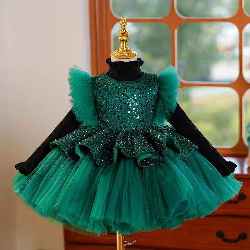 Jill Green Sequins Toddler Knee Length 1st Birthday Party Girl Dress J353