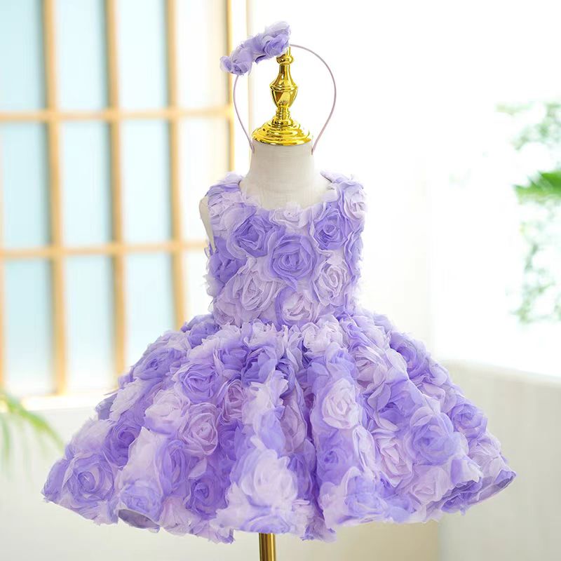 Jill Lilac Girl Dress with 3D Flowers Toddler Kids 1st Birthday Gown J445