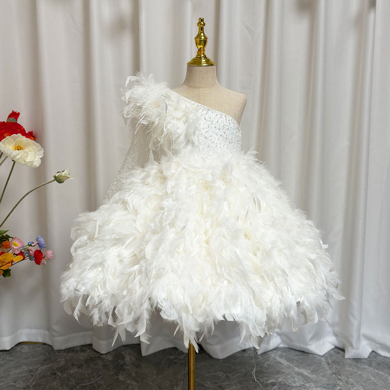Jill Luxury Arabic White Girl Dress Feathers for Kids Princess J394