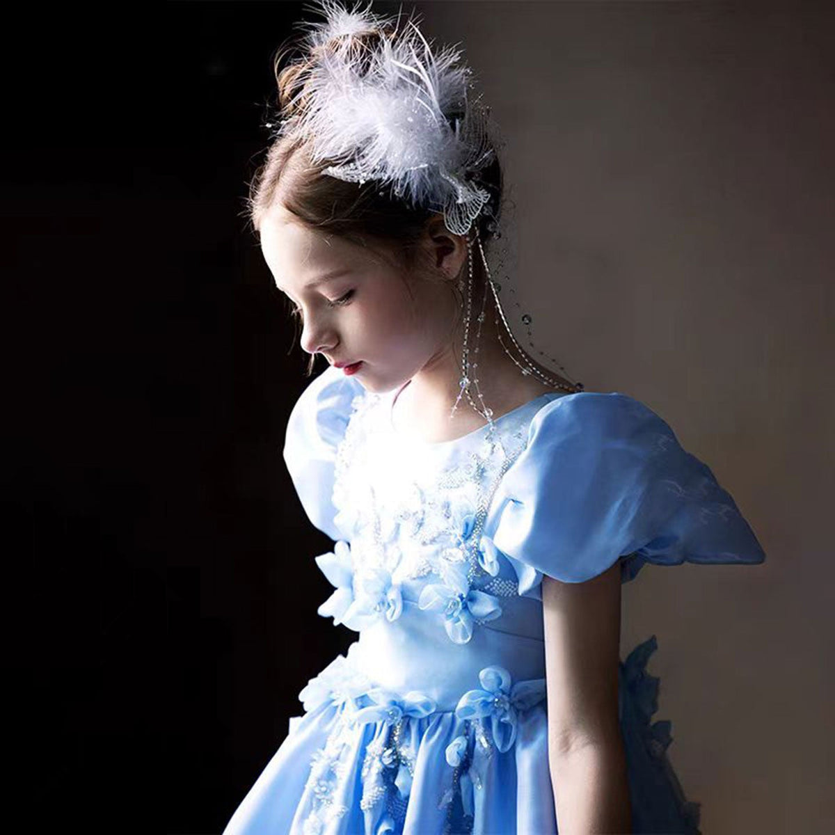 Jill Luxury Blue 3D Flowers Arabic Satin Beaded Girl Dress J209