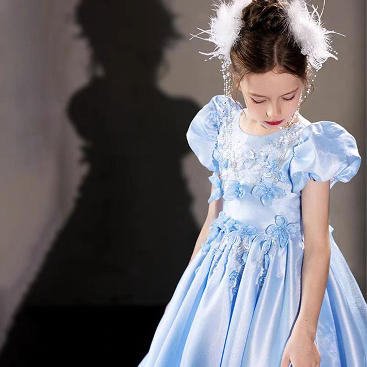 Jill Luxury Blue 3D Flowers Arabic Satin Beaded Girl Dress J209