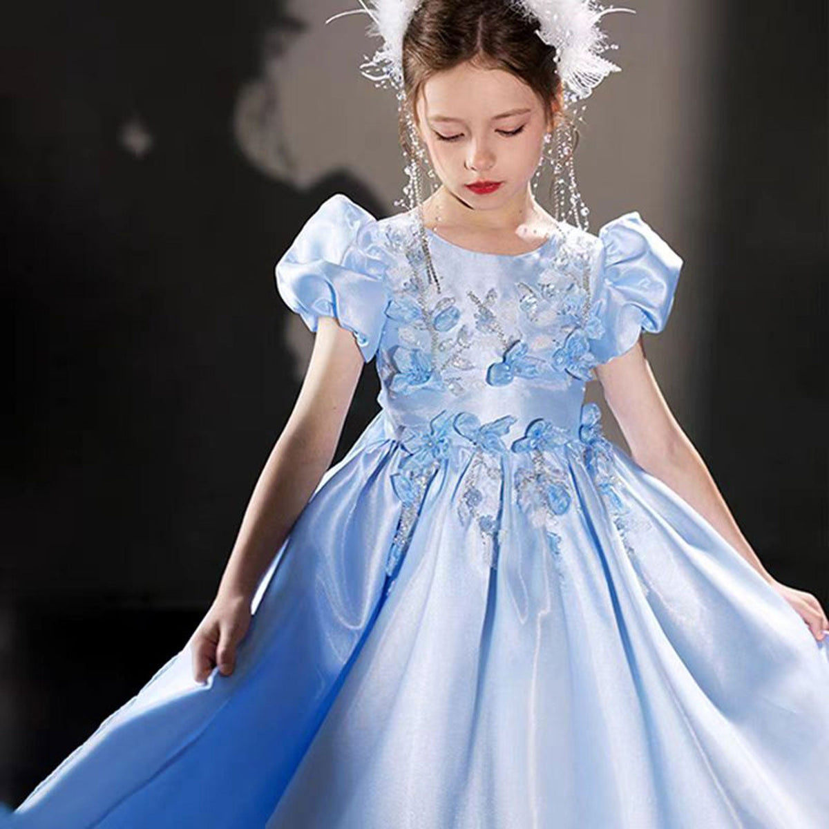 Jill Luxury Blue 3D Flowers Arabic Satin Beaded Girl Dress J209