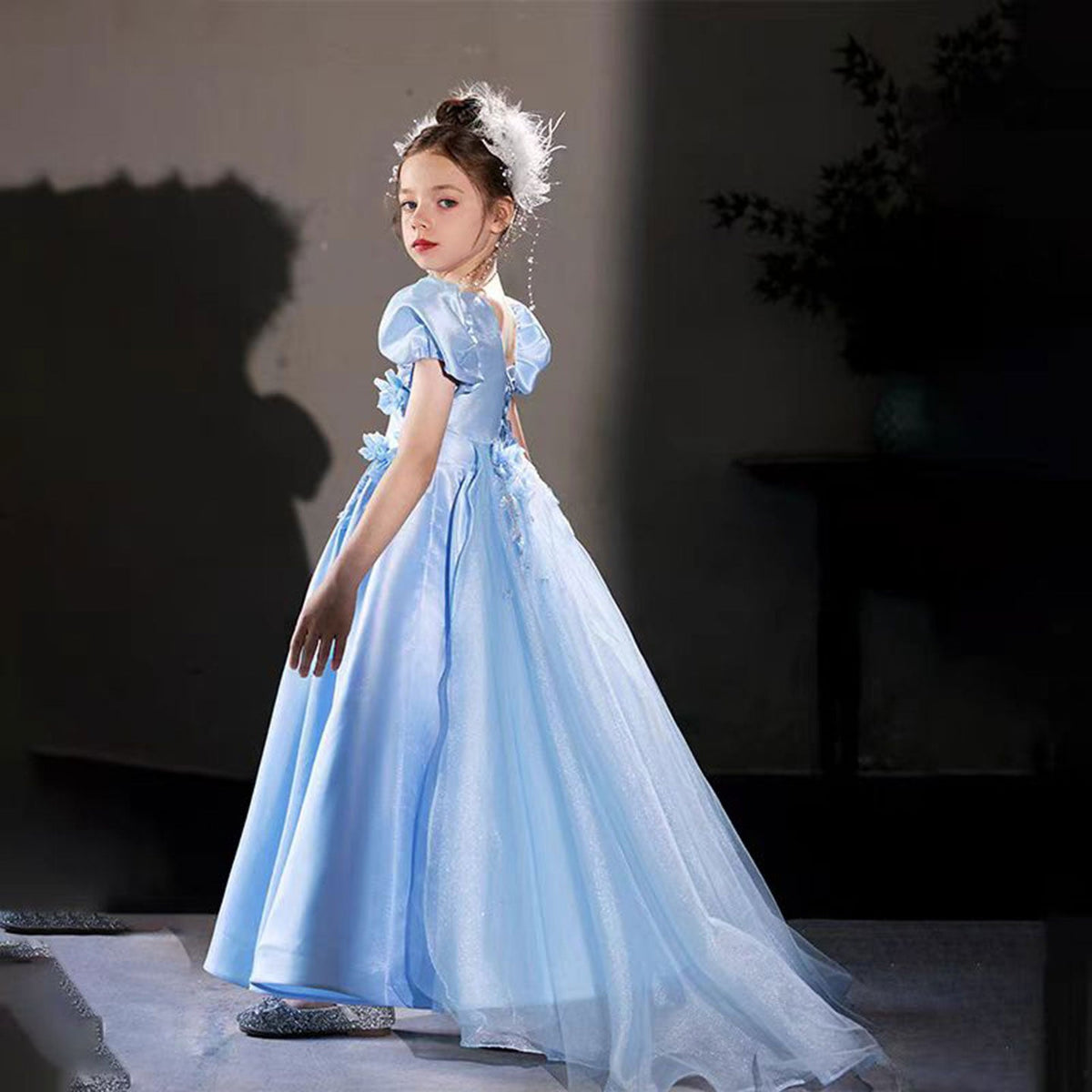 Jill Luxury Blue 3D Flowers Arabic Satin Beaded Girl Dress J209