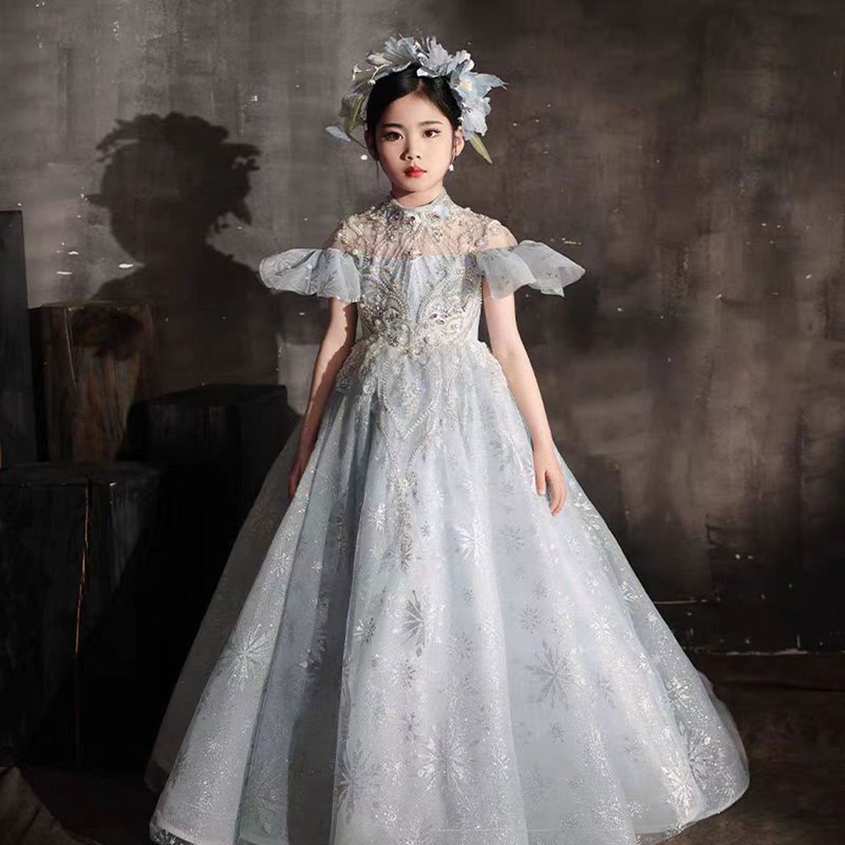 Jill Luxury Blue Beaded Birthday Girl Dress Puffy Sleeve J319