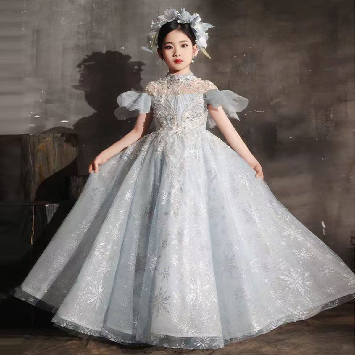Jill Luxury Blue Beaded Birthday Girl Dress Puffy Sleeve J319