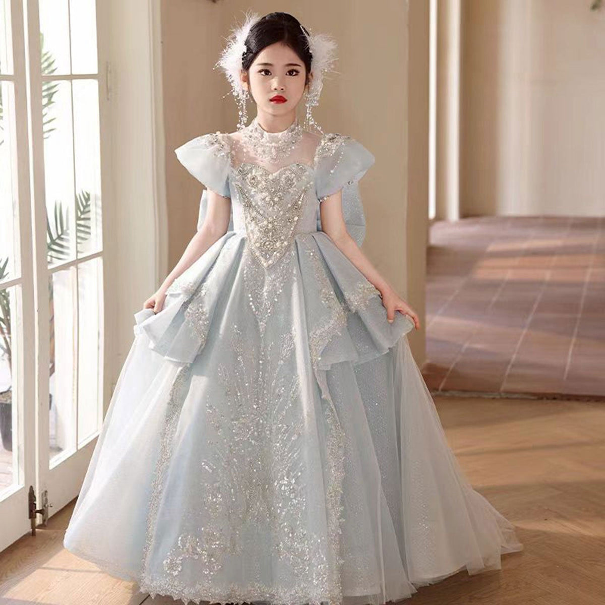 Jill Luxury Blue Crystal Princess Party Girl Dress with Bow J333