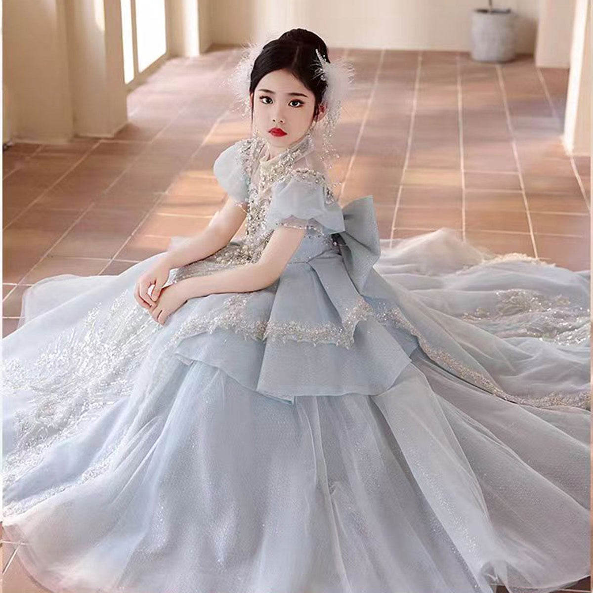 Jill Luxury Blue Crystal Princess Party Girl Dress with Bow J333