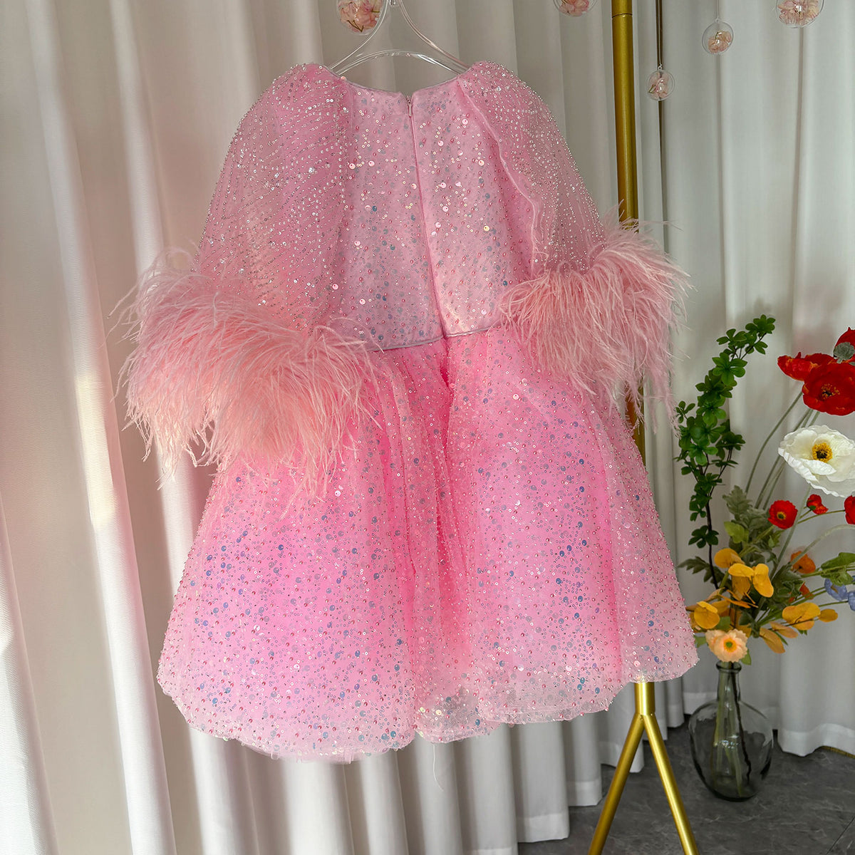 Jill Luxury Blue Girl Dress Feathers Cap Sleeve Kid Princess J170