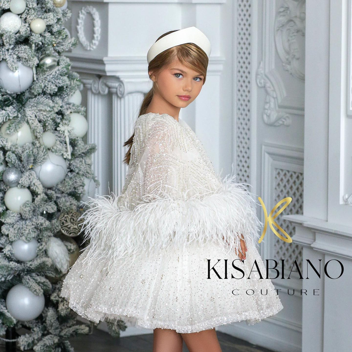 Jill Luxury Blue Girl Dress Feathers Cap Sleeve Kid Princess J170