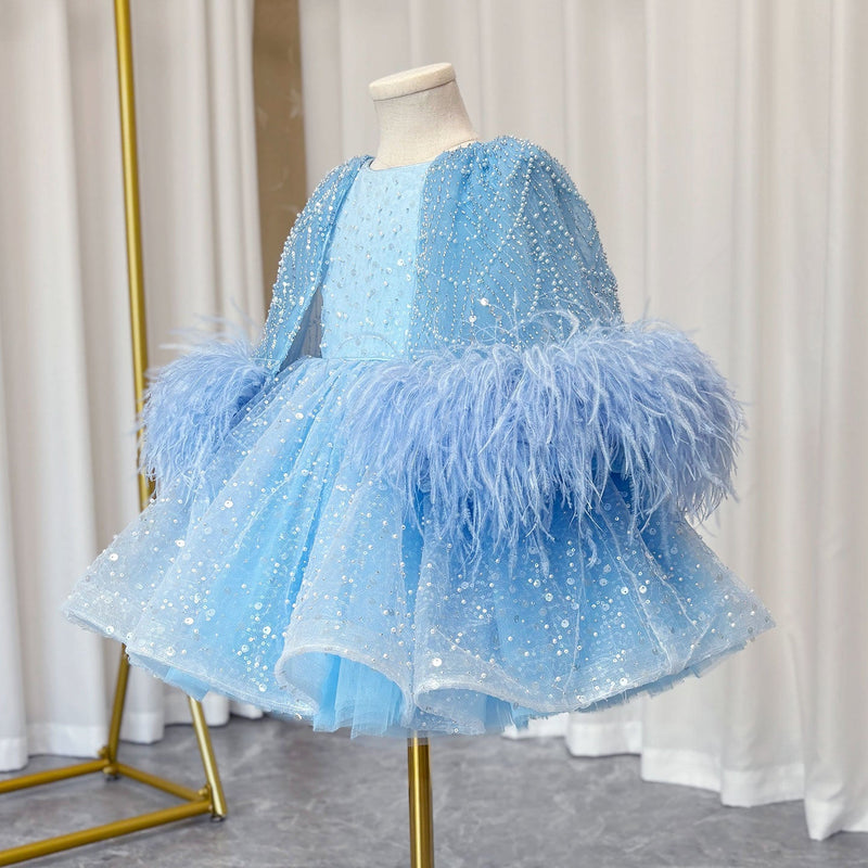 Jill Luxury Blue Girl Dress Feathers Cap Sleeve Kid Princess J170