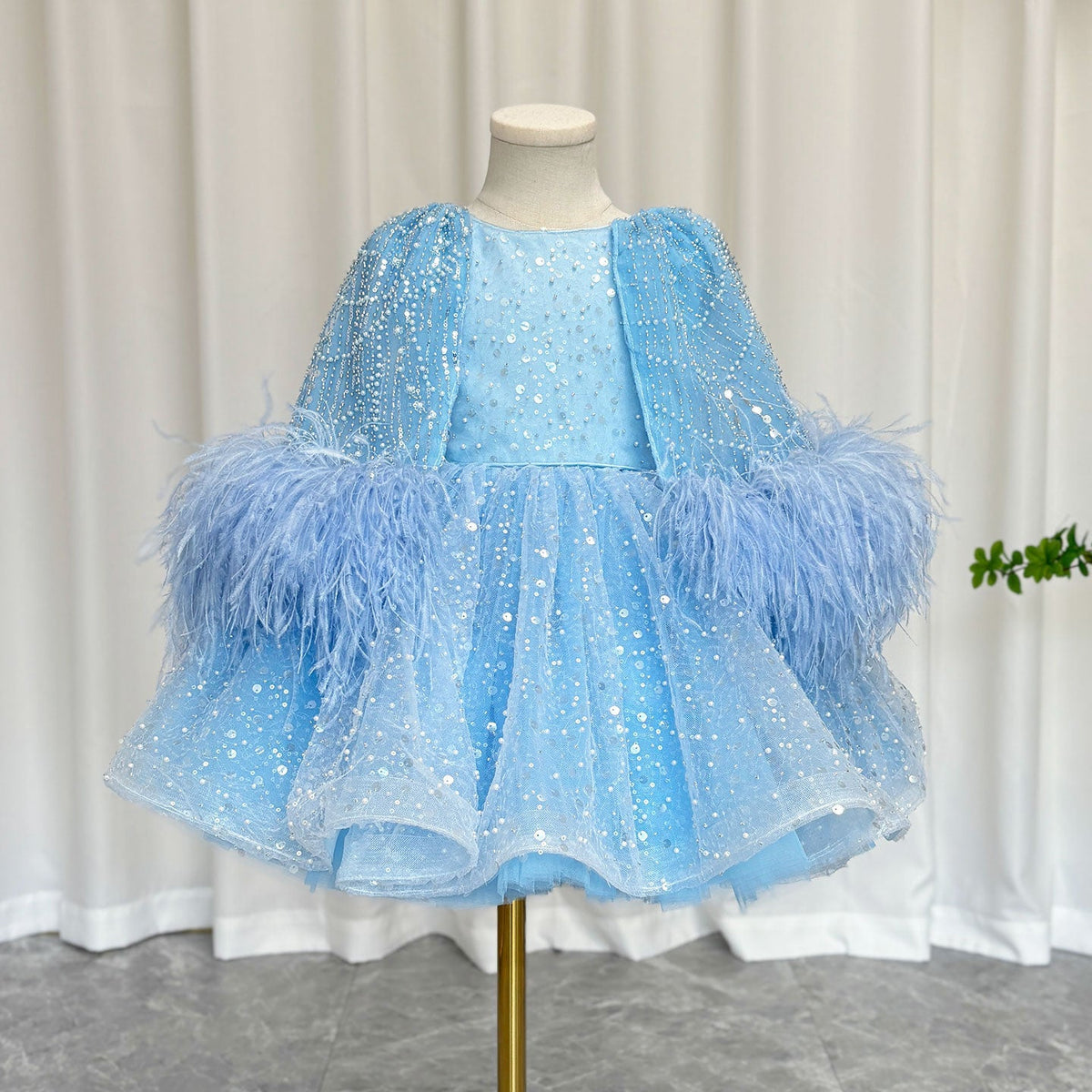 Jill Luxury Blue Girl Dress Feathers Cap Sleeve Kid Princess J170
