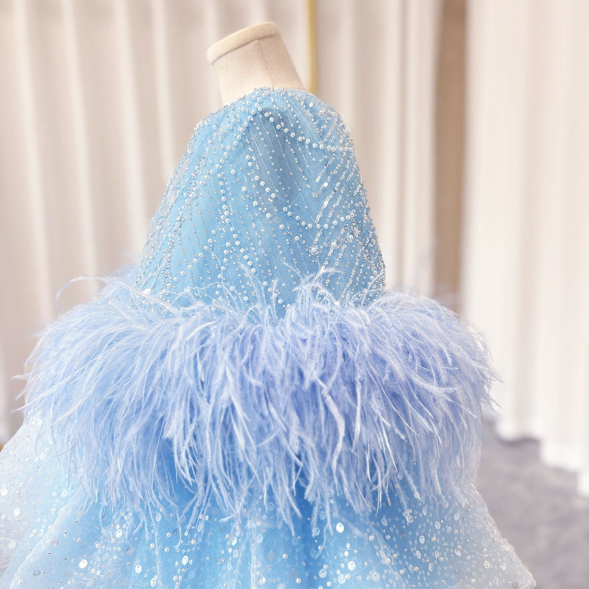 Jill Luxury Blue Girl Dress Feathers Cap Sleeve Kid Princess J170