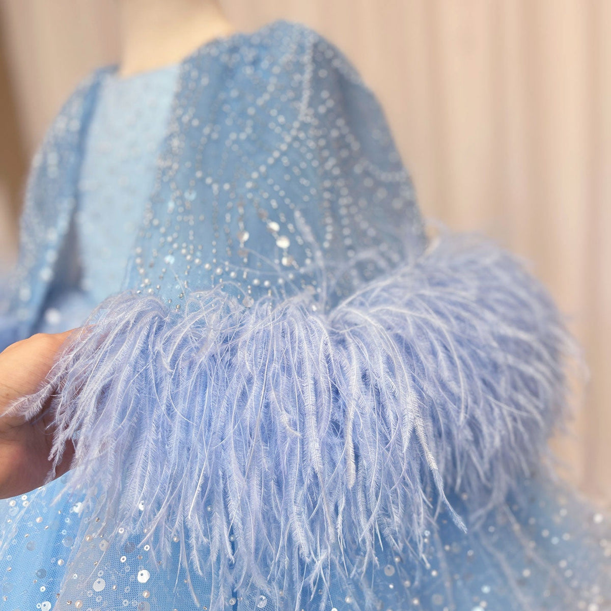 Jill Luxury Blue Girl Dress Feathers Cap Sleeve Kid Princess J170