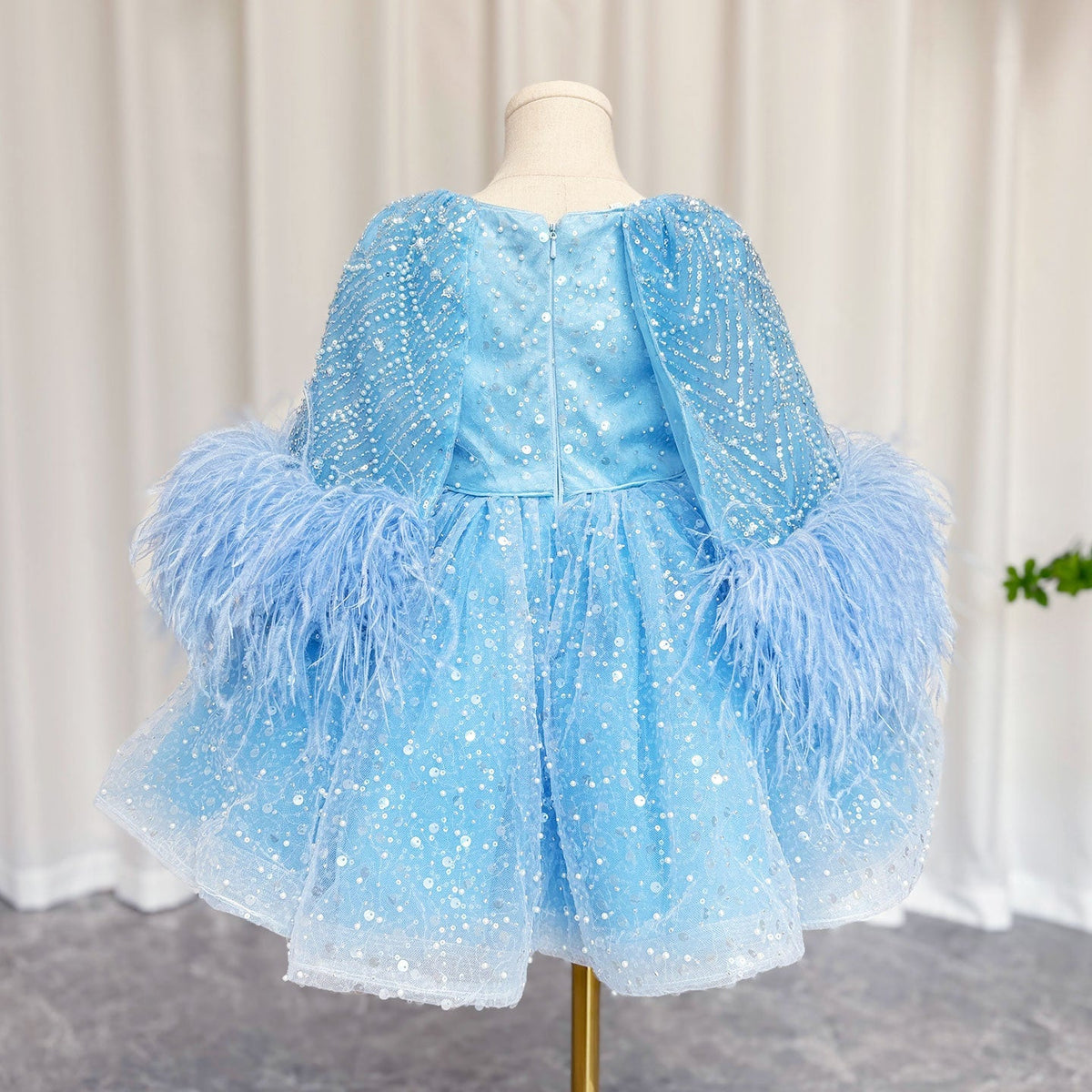 Jill Luxury Blue Girl Dress Feathers Cap Sleeve Kid Princess J170