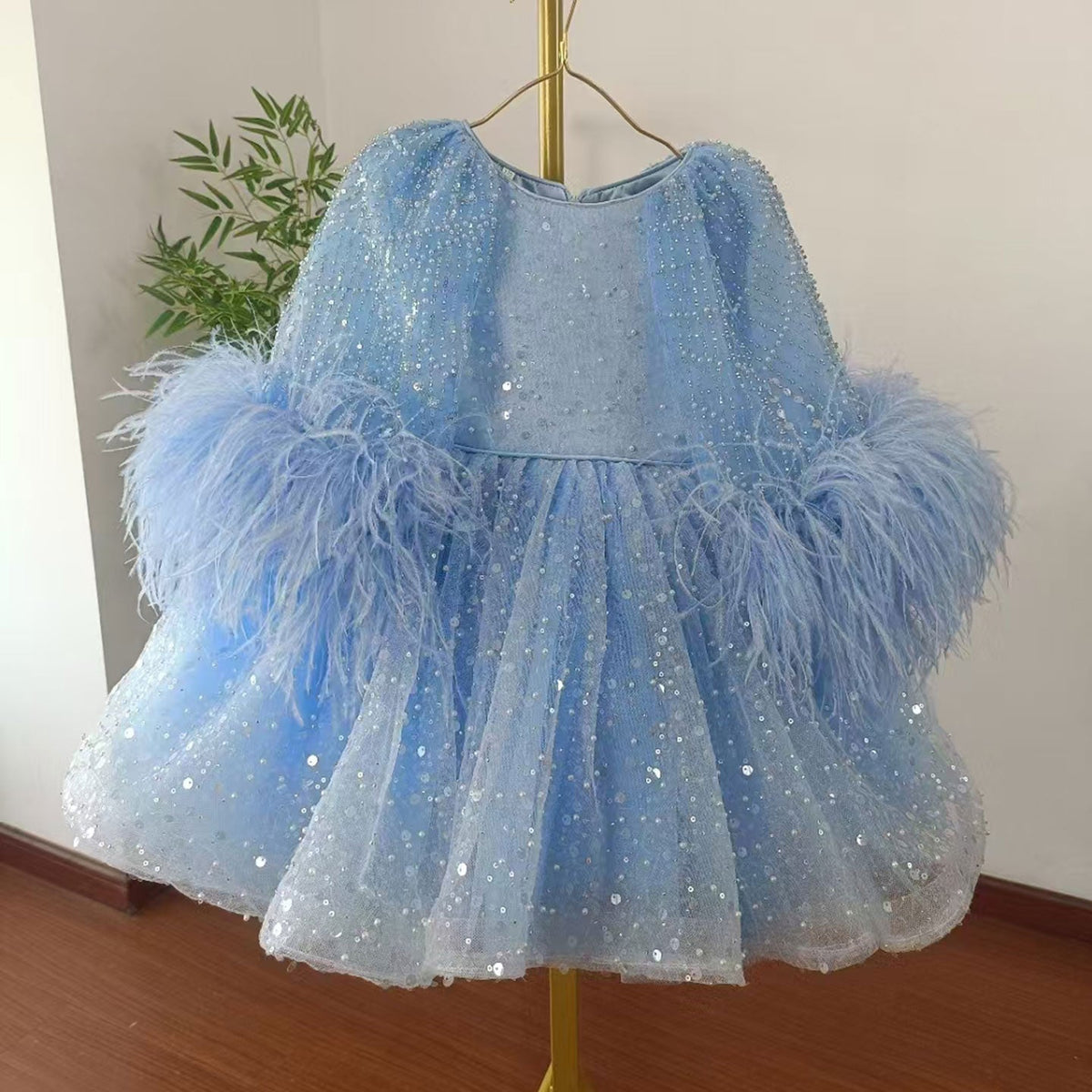 Jill Luxury Blue Girl Dress Feathers Cap Sleeve Kid Princess J170