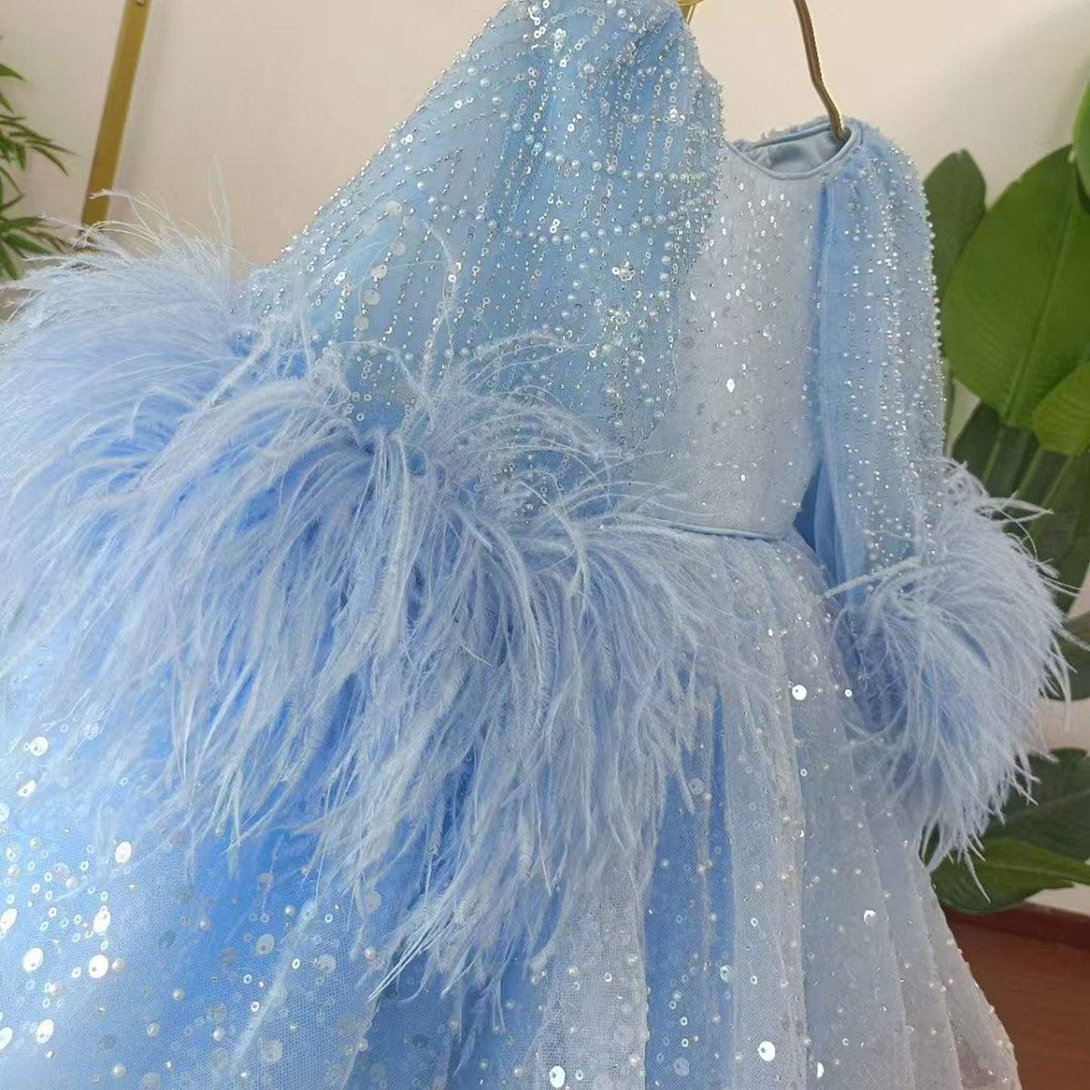 Jill Luxury Blue Girl Dress Feathers Cap Sleeve Kid Princess J170