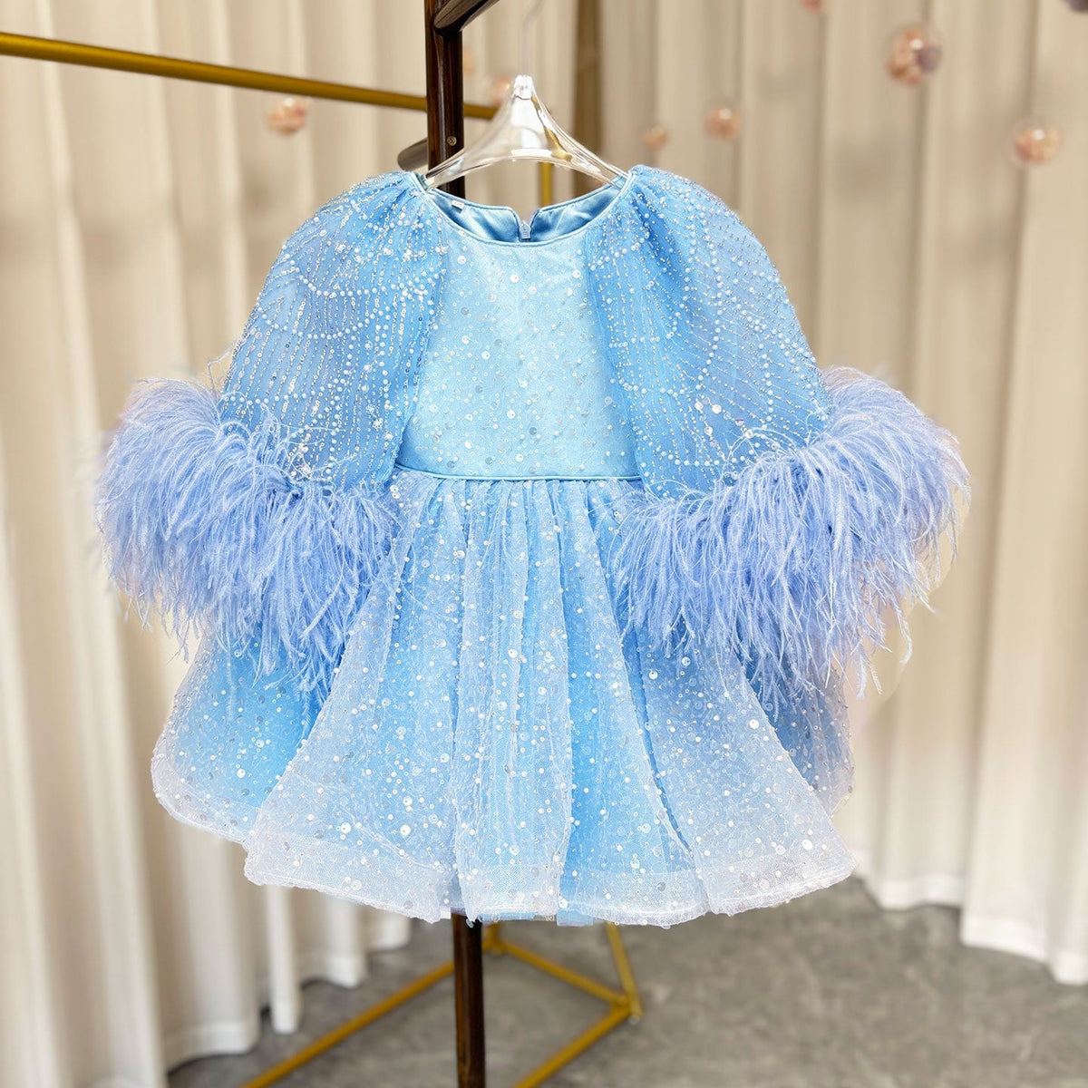 Jill Luxury Blue Girl Dress Feathers Cap Sleeve Kid Princess J170