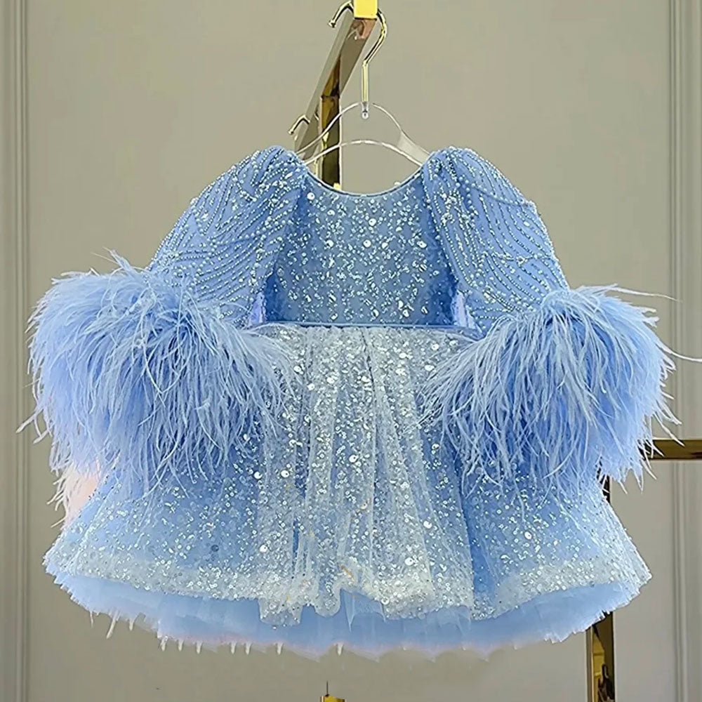 Jill Luxury Blue Girl Dress Feathers Cap Sleeve Kid Princess J170