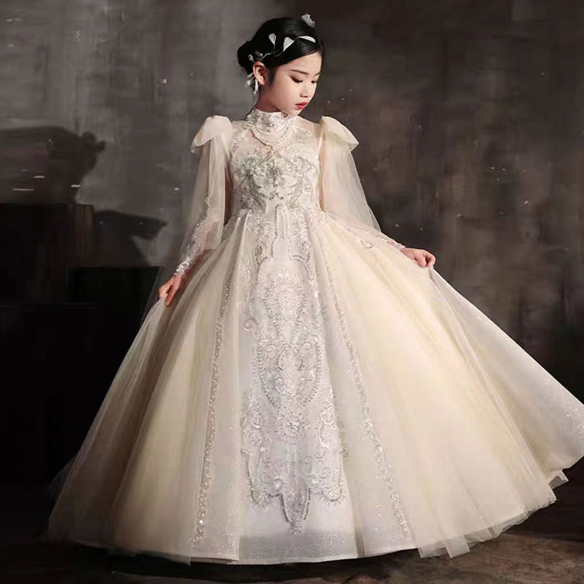 Jill Luxury Champagne Beaded Girl Dress Long Sleeve J337