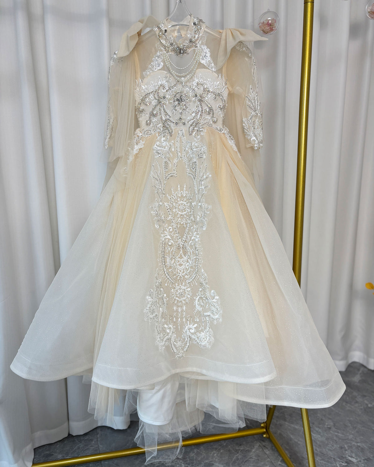 Jill Luxury Champagne Beaded Girl Dress Long Sleeve J337