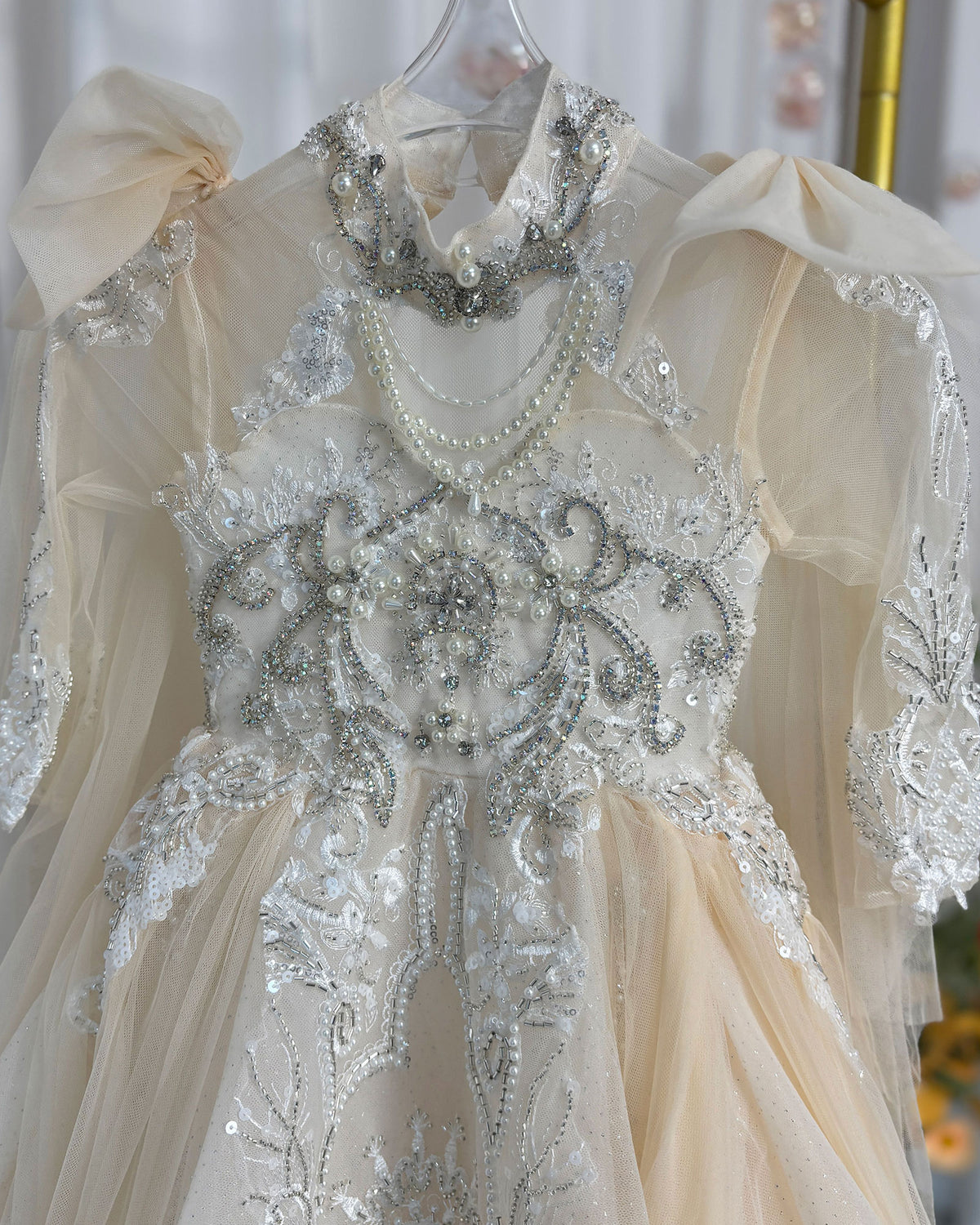 Jill Luxury Champagne Beaded Girl Dress Long Sleeve J337