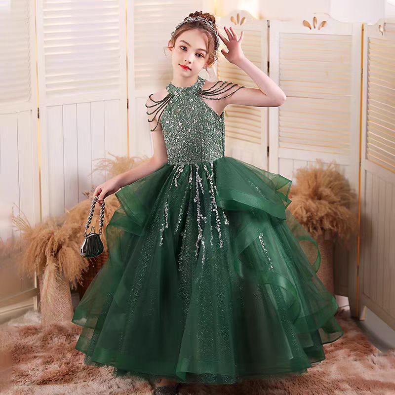 Jill Luxury Green Girl Princess Dress for kids Birthday Party J147