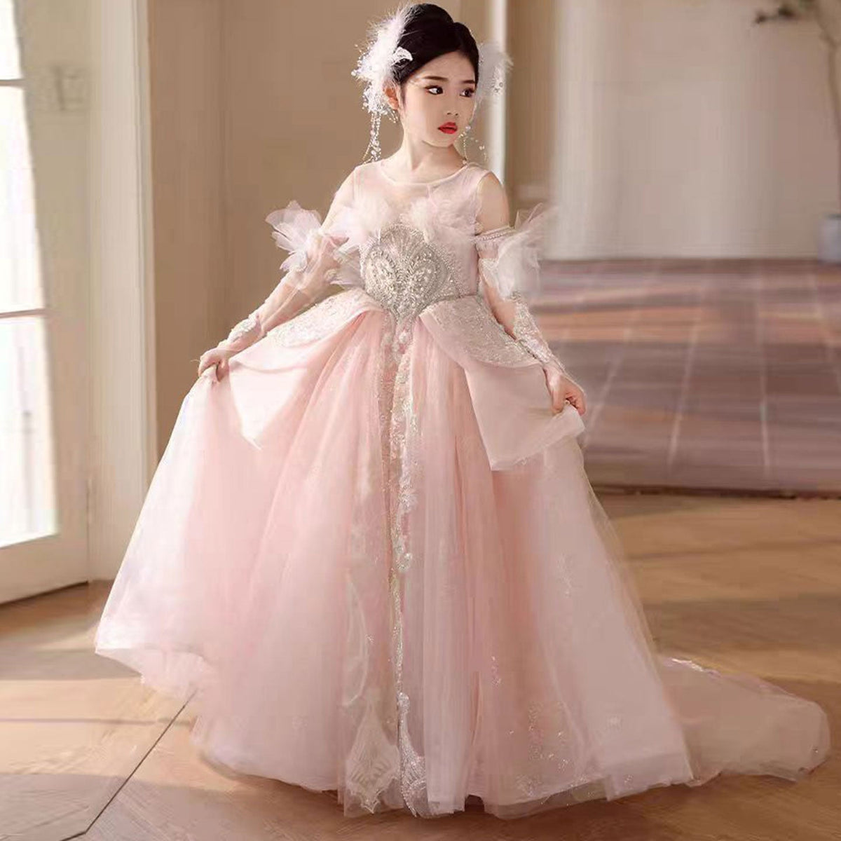Jill Luxury Pink Crystal Wedding Party Girl Dress with Sleeve J316