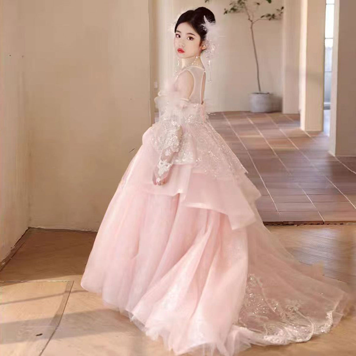 Jill Luxury Pink Crystal Wedding Party Girl Dress with Sleeve J316