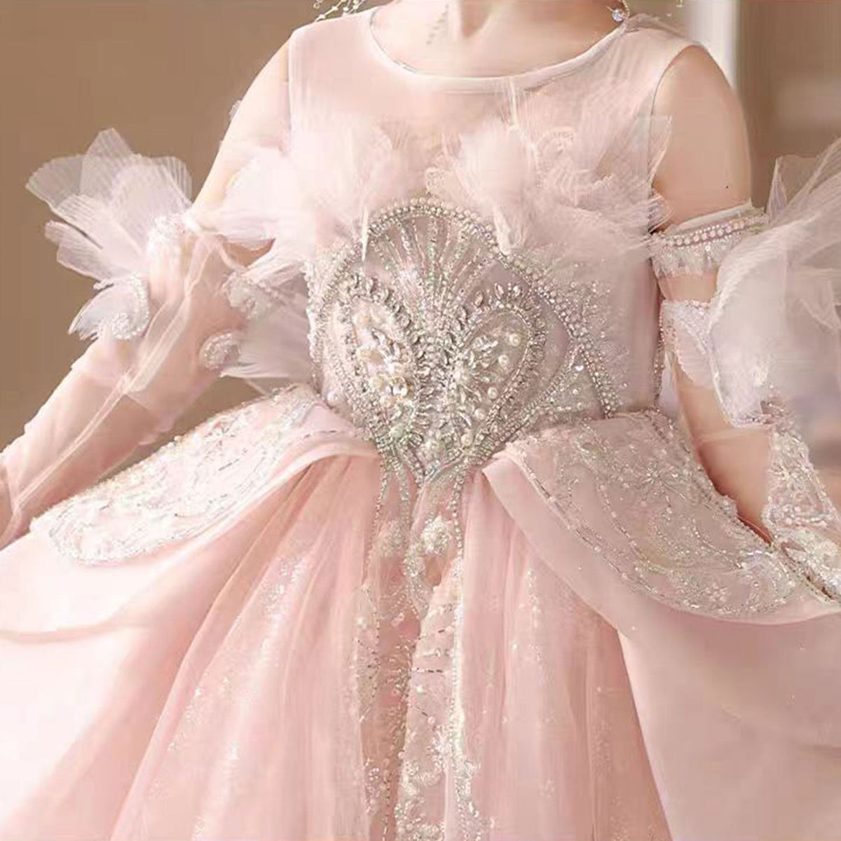 Jill Luxury Pink Crystal Wedding Party Girl Dress with Sleeve J316