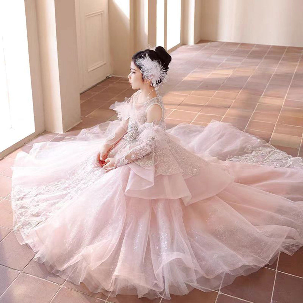 Jill Luxury Pink Crystal Wedding Party Girl Dress with Sleeve J316
