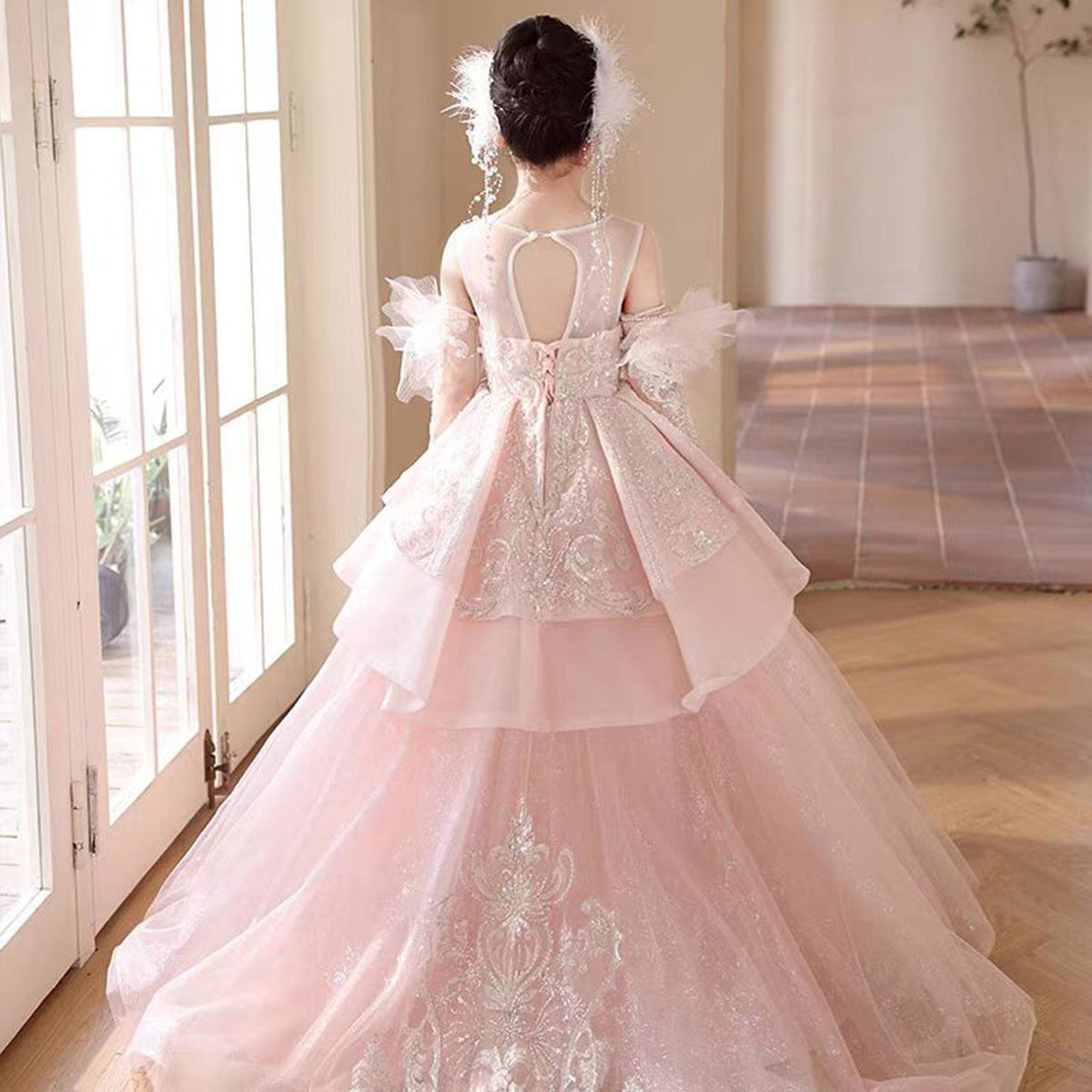 Jill Luxury Pink Crystal Wedding Party Girl Dress with Sleeve J316