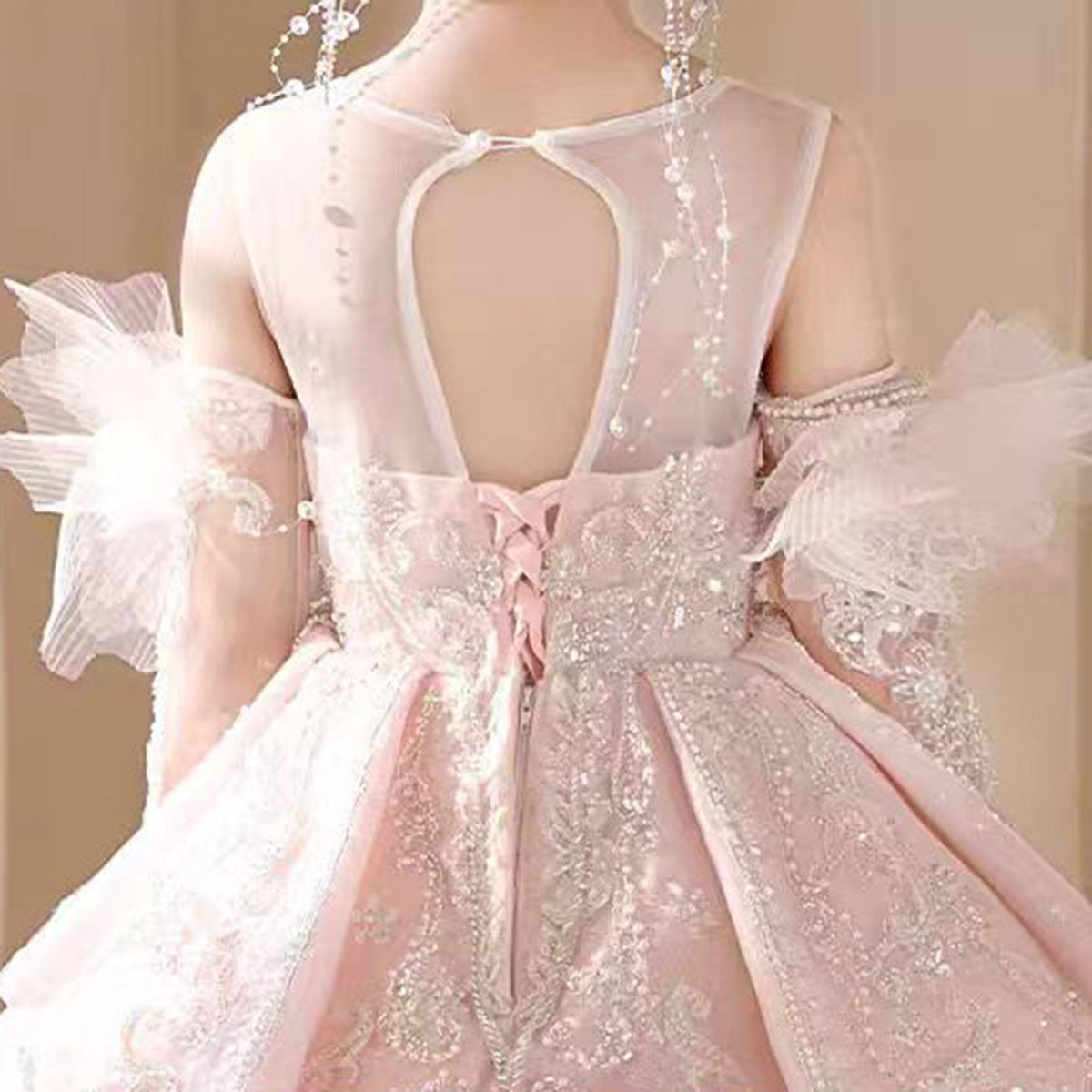 Jill Luxury Pink Crystal Wedding Party Girl Dress with Sleeve J316