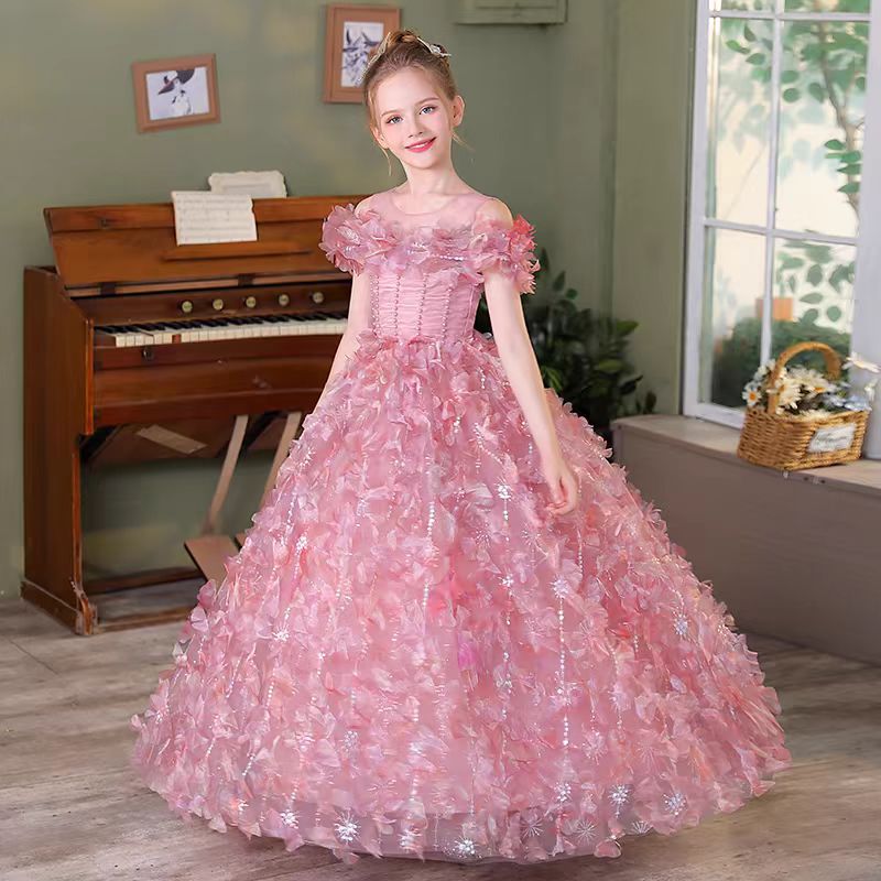 Jill Luxury Pink Girl Dress with 3D Flowers Bitrthday Party Gown J160
