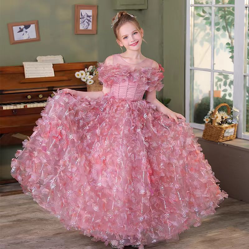 Jill Luxury Pink Girl Dress with 3D Flowers Bitrthday Party Gown J160