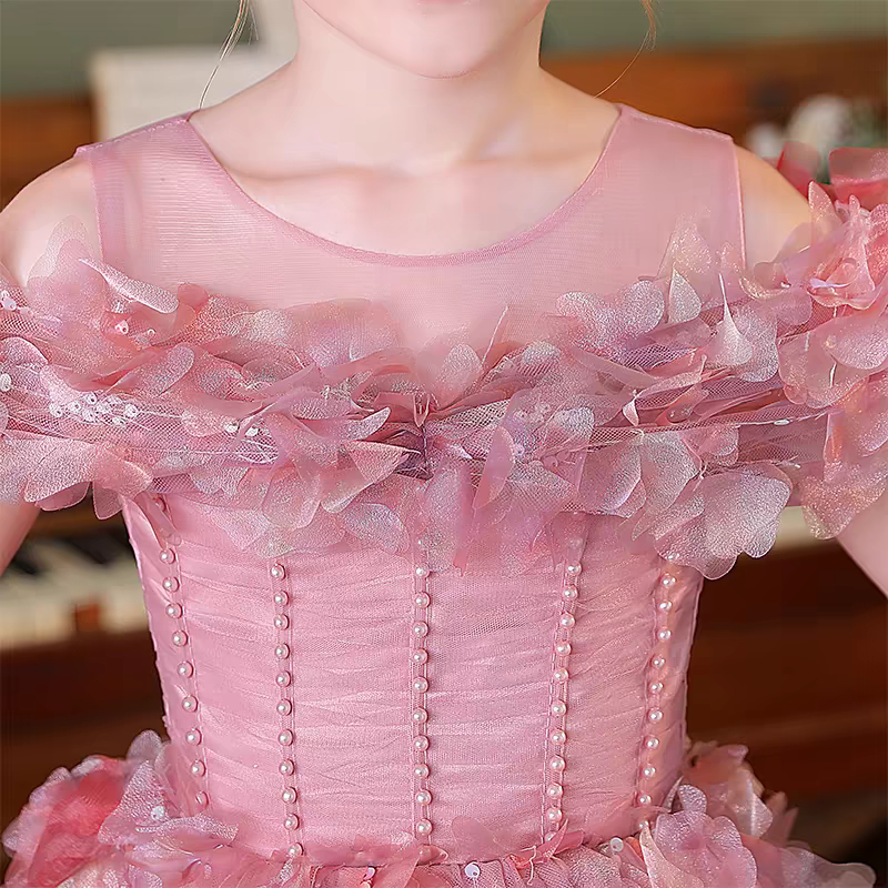 Jill Luxury Pink Girl Dress with 3D Flowers Bitrthday Party Gown J160