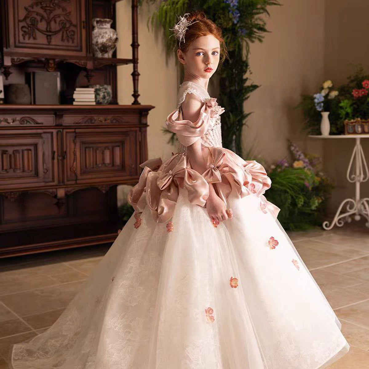 Jill Luxury Pink Girl Dress with Bows for kids Birthday Pageant Party J361