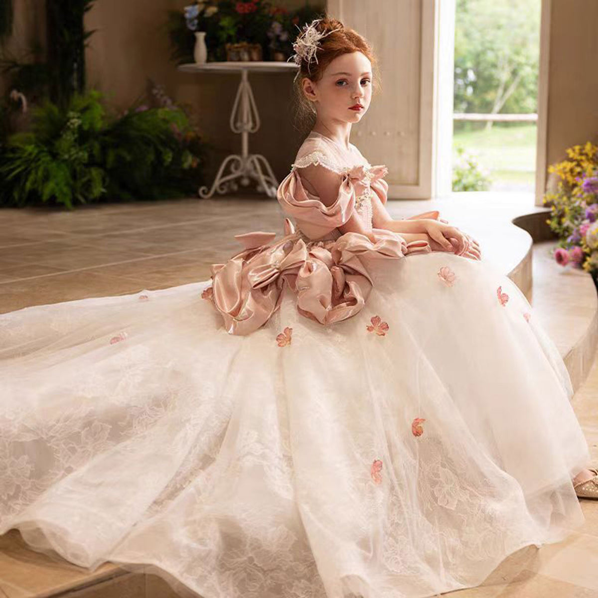 Jill Luxury Pink Girl Dress with Bows for kids Birthday Pageant Party J361