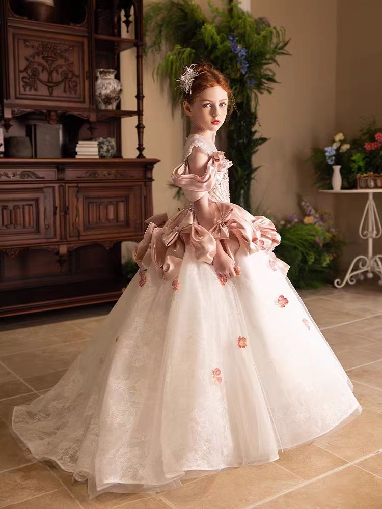 Jill Luxury Pink Girl Dress with Bows for kids Birthday Pageant Party J361