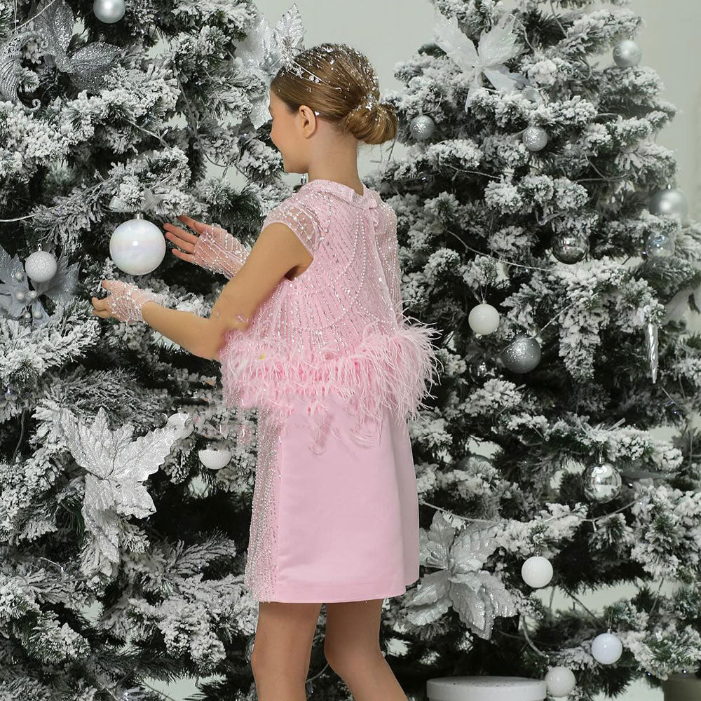 Jill Luxury Pink Princess Girl Dress with Feathers Beading J395