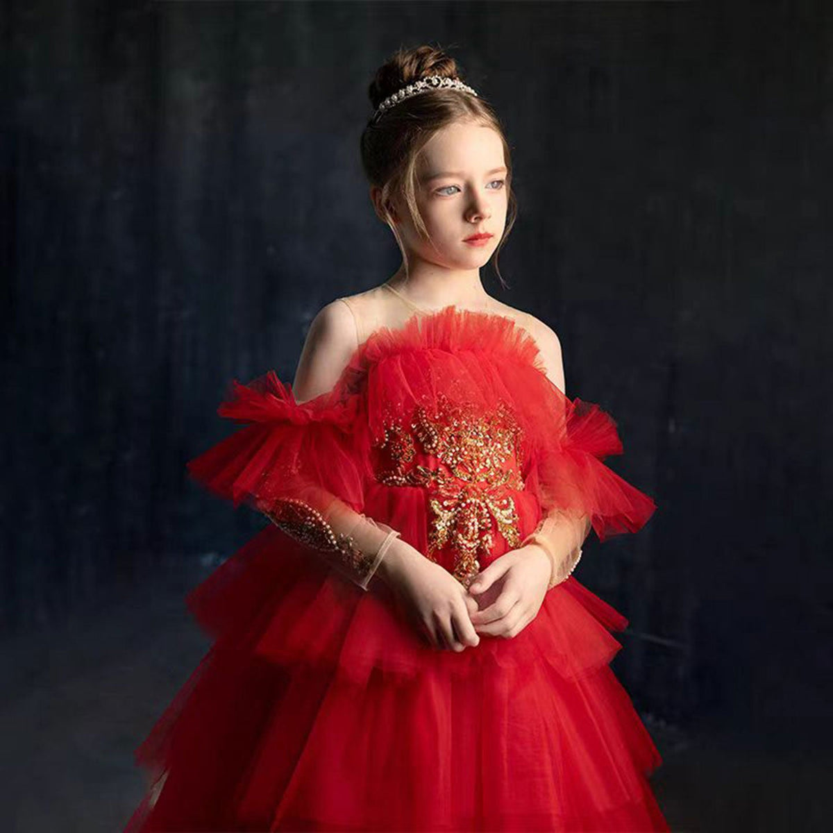 Jill Luxury Red Beaded Tulle Girl Dress for Birthday Party J108
