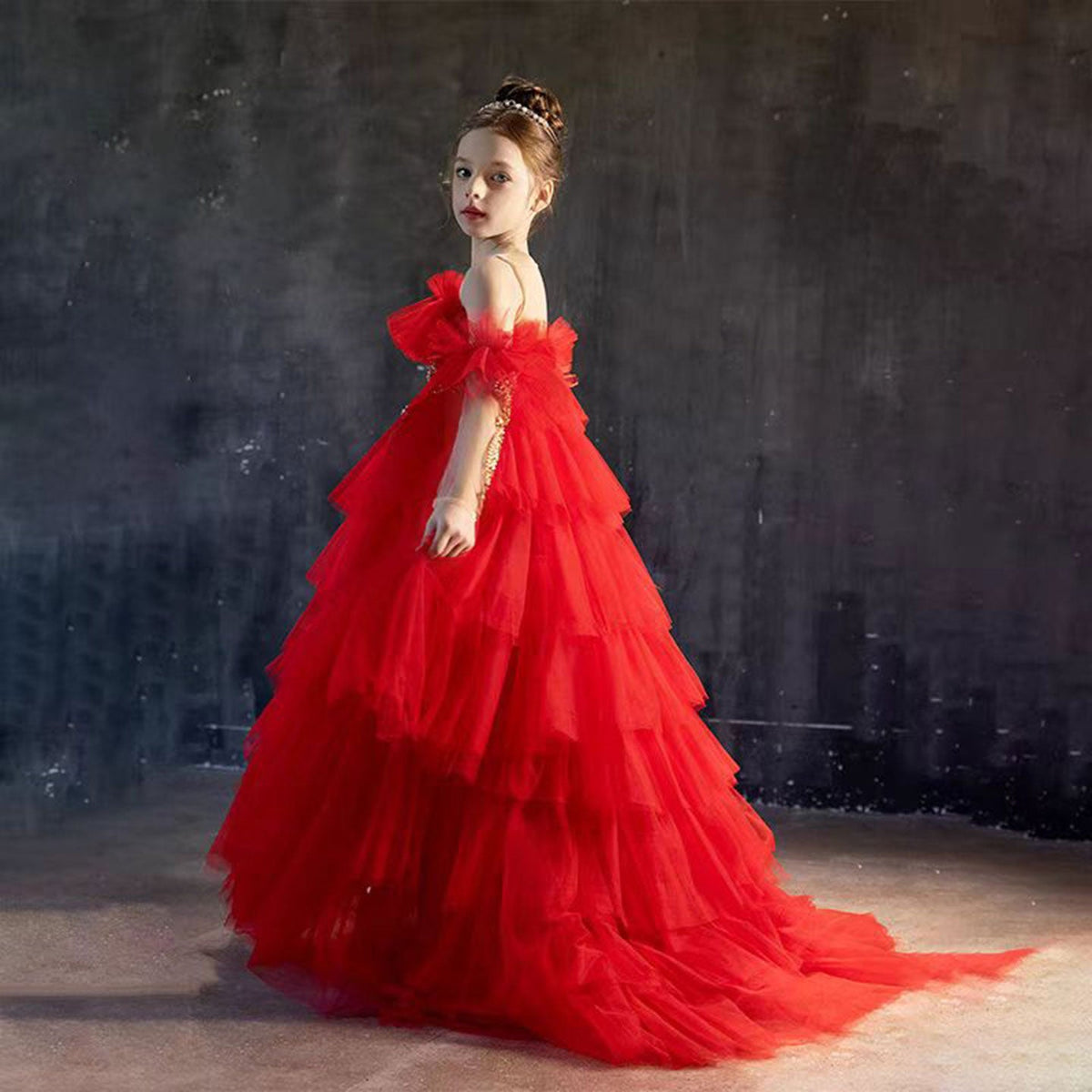 Jill Luxury Red Beaded Tulle Girl Dress for Birthday Party J108