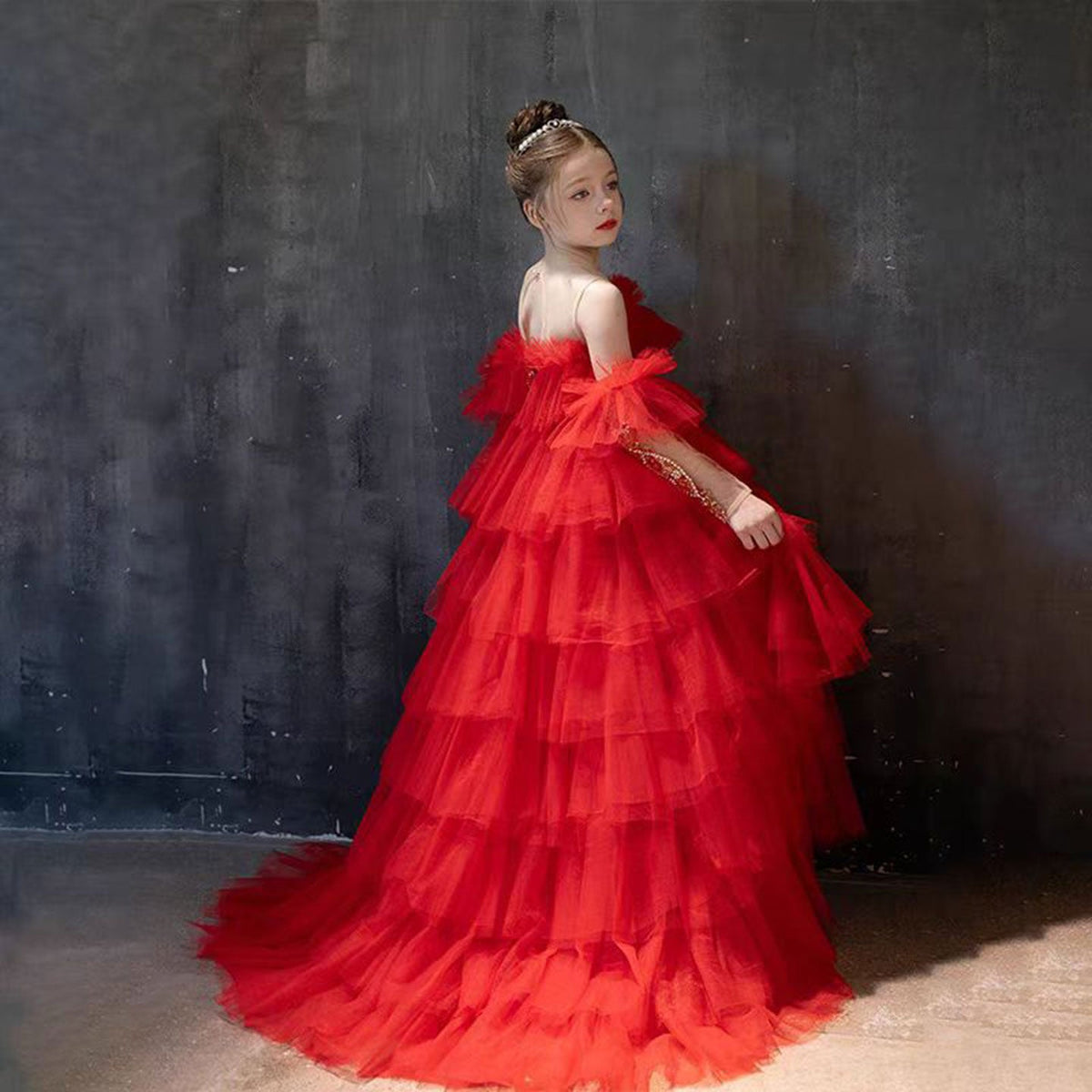 Jill Luxury Red Beaded Tulle Girl Dress for Birthday Party J108
